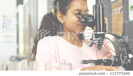 Digital composite of an African-american girl looking in to a microscope and equations running in th 115775840