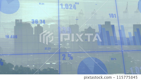 Image of statistics and financial data processing over cityscape 115775845
