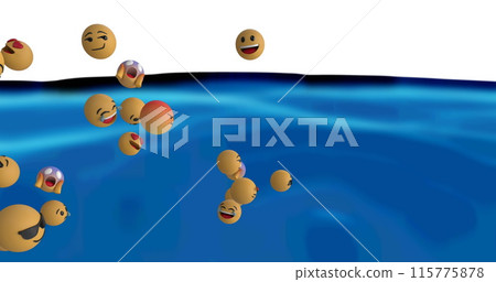 Digital image of multiple face emojis floating against blue liquid texture on white background Digital image of multiple face emojis floating against blue liquid texture on white background 115775878