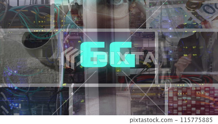 Image of 6g text and computer server cables over colourful clips playing on composite screens 115775885