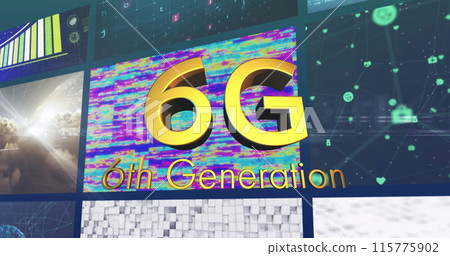 Image of 6g 6th generation text in gold over colourful clips playing on composite screens Image of 6g 6th generation text in gold over colourful clips playing on composite screens 115775902