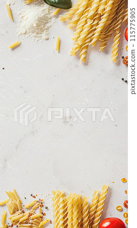 Pasta recipe preparation flatlay background with ingredients, spaghetti, olive oil, garlic, tomatoes and spices in the kitchen, homemade food recipe idea 115775905