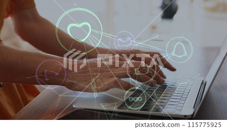 Image of network of connections with media icons over caucasian woman using laptop Image of network of connections with media icons over caucasian woman using laptop 115775925