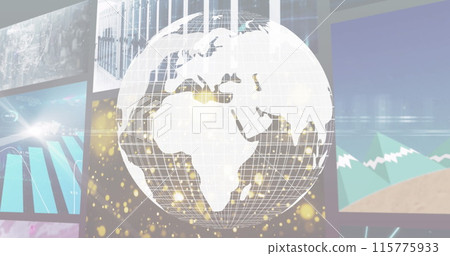 Image of white globe rotating over colourful clips playing on composite screens 115775933