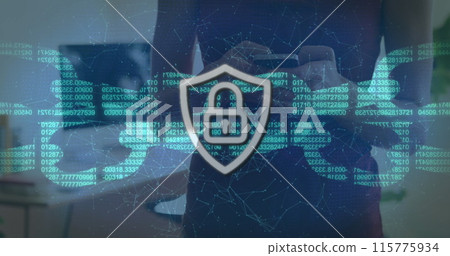 Image of padlock icon over caucasian woman using smartphone Image of padlock icon over caucasian woman using smartphone 115775934