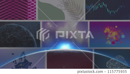 Image of 6g text over glowing globe over colourful clips playing on composite screens Image of 6g text over glowing globe over colourful clips playing on composite screens 115775935
