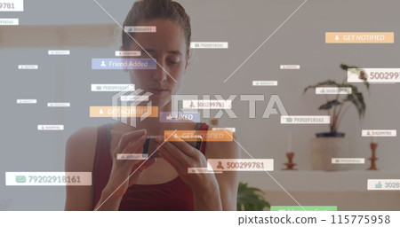 Image of media icons over caucasian woman using smartphone 115775958
