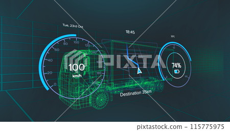 Image of speedometer over electric truck project on navy background 115775975