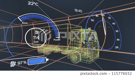 Image of speedometer over electric truck project on navy background Image of speedometer over electric truck project on navy background 115776032