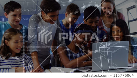 Image of math formulas moving over happy diverse pupils working on laptop 115776064