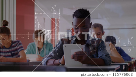Image of math formulas moving over african american boy and class of pupils with tablets Image of math formulas moving over african american boy and class of pupils with tablets 115776068