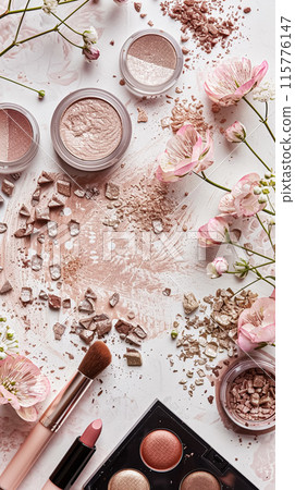 Make-up cosmetic product, beauty products and cosmetics swatch sample flatlay, various makeup brand tools as glamour fashion night out background idea 115776147