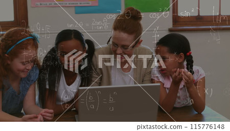 Image of math formulas moving over diverse female teacher and pupils working on laptop Image of math formulas moving over diverse female teacher and pupils working on laptop 115776148