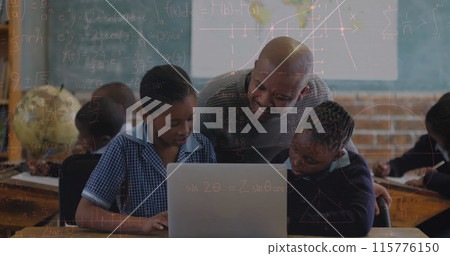 Image of math formulas moving over african american male teacher and pupils with laptop Image of math formulas moving over african american male teacher and pupils with laptop 115776150