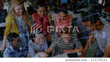Image of math formulas moving over happy diverse pupils working on laptop 115776151