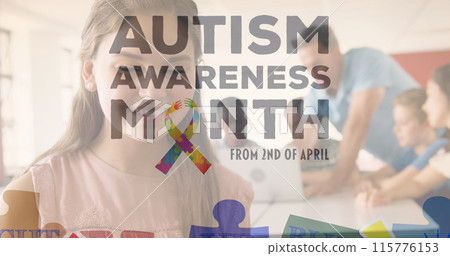 Image of autism awareness month text over diverse students Image of autism awareness month text over diverse students 115776153