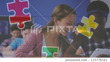 Image of puzzle over diverse students Image of puzzle over diverse students 115776161