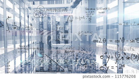 Image of mathematical equations, data processing and light trails over computer server room Image of mathematical equations, data processing and light trails over computer server room 115776208