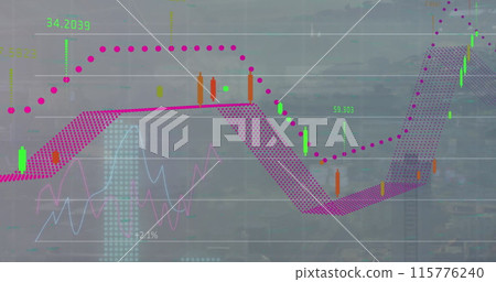 Image of multiple graphs and increasing numbers against city in background 115776240