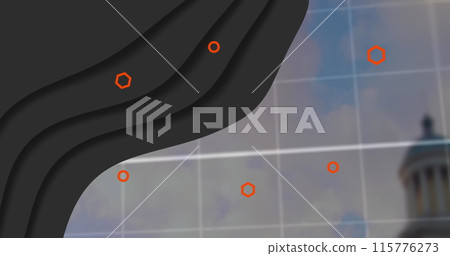 Image of abstract pattern with hexagons, circles and graph over cloudy sky 115776273