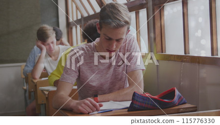 Image of financial data processing and globe over diverse schoolchildren in class 115776330