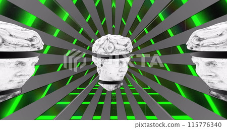 Image of antique sliced head sculptures over neon tunnel on black background Image of antique sliced head sculptures over neon tunnel on black background 115776340