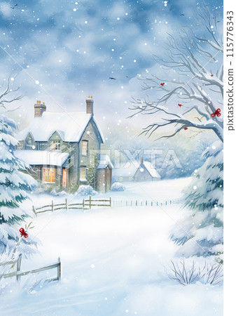 Merry Christmas and Happy Holidays, watercolour printable art print, English countryside cottage as snow winter holiday Christmas card, thank you and diy greeting card design, country style idea 115776343