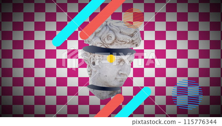 Image of antique sliced head sculpture over shapes on red and white checkered background 115776344