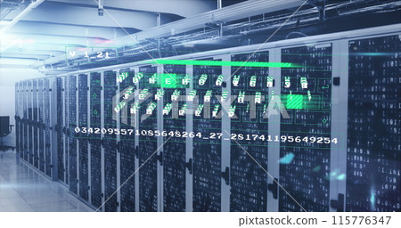 Image of data processing against mosaic squares over computer server room 115776347