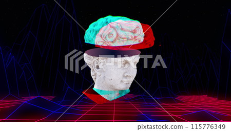 Image of antique head sculpture with grid metaverse background Image of antique head sculpture with grid metaverse background 115776349