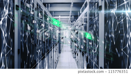 Image of data processing against network of connections over computer server room 115776351