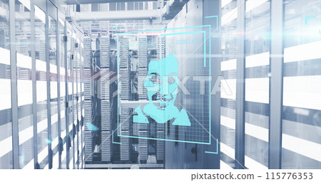 Image of multiple profile icons and data processing against light trails over server room Image of multiple profile icons and data processing against light trails over server room 115776353