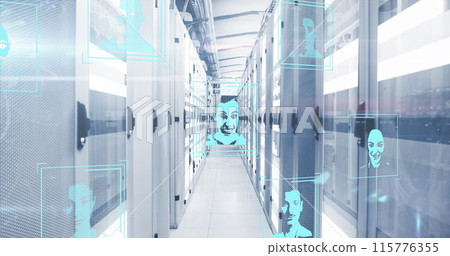 Image of multiple profile icons and data processing against light trails over server room 115776355