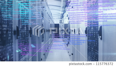 A computer server room with data processing and digital information flowing through the network of s A computer server room with data processing and digital information flowing through the network of s 115776372