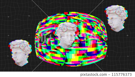 Image of antique head sculptures over multi coloured shape on black background 115776373