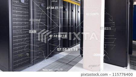 Image of network of connections and data processing against computer server room 115776400