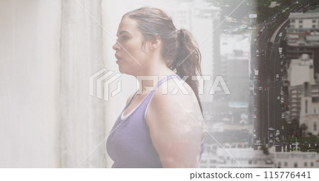 Image of data processing over plus size caucasian woman exercising in city street 115776441