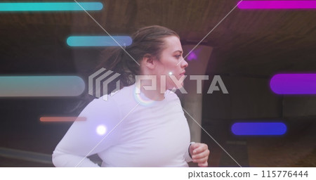 Image of data processing over plus size caucasian woman running in city street Image of data processing over plus size caucasian woman running in city street 115776444