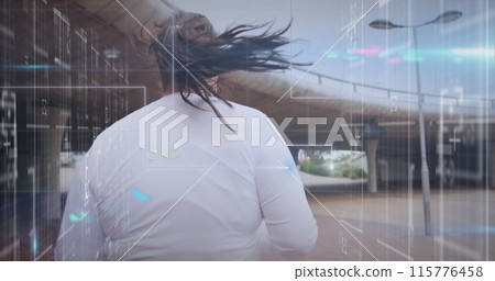 Image of data processing over plus size caucasian woman exercising in city Image of data processing over plus size caucasian woman exercising in city 115776458