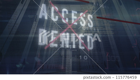 Image of access denied texts, binary codes and computer language, low angle view of server room 115776459