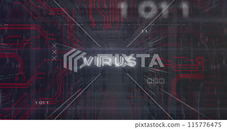 Image of virus text over binary codes, computer language against connected dots on server room 115776475