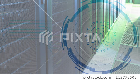 Image of fingerprint in loading circles over data server racks in server room Image of fingerprint in loading circles over data server racks in server room 115776503