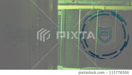 Image of envelope and shield in loading circles, illuminated data server racks in server room 115776508