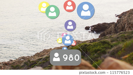 Image of social media icons over shore and sea landscape Image of social media icons over shore and sea landscape 115776523