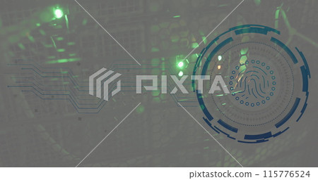 Image of fingerprint in loading circles over illuminated data server rack Image of fingerprint in loading circles over illuminated data server rack 115776524