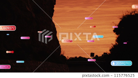 Image of social media icons over sunset landscape 115776525