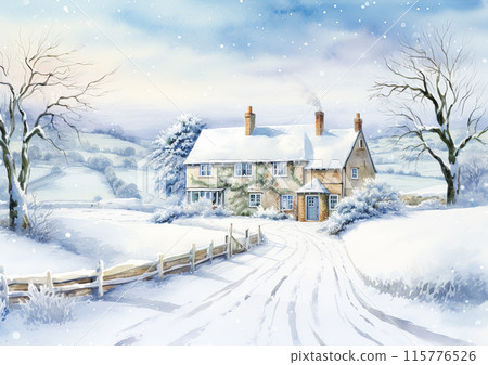Merry Christmas and Happy Holidays, watercolour printable art print, English countryside cottage as snow winter holiday Christmas card, thank you and diy greeting card design, country style idea 115776526