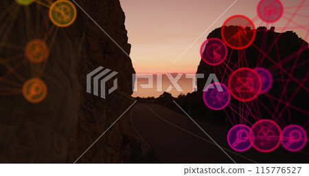 Image of social media icons and rocky shore with sea landscape 115776527