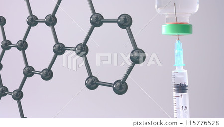 Molecular structure model over syringe in vaccine vial 115776528