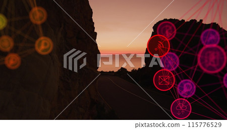 Image of social media icons and rocky shore with sea landscape Image of social media icons and rocky shore with sea landscape 115776529